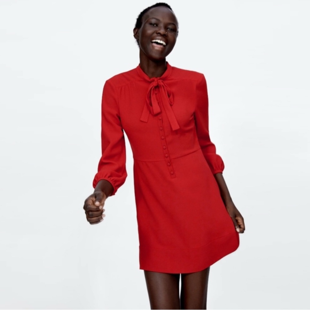 Zara red long sleeve shift dress with button and tie detail